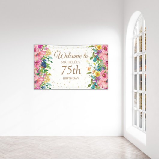 ピンクイエローフローラグリッター75th誕生日へようこそ 横断幕