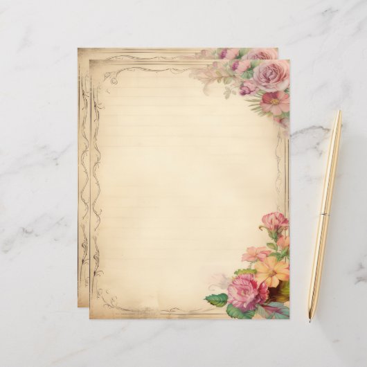 ピンクイエローフローラジャンクジャーナルアンティーク文房具 (正面/裏面インサイチュ)