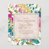 ピンクイエローフローラスクリプトカップルのブライダルシャワー 招待状 (正面/裏面)