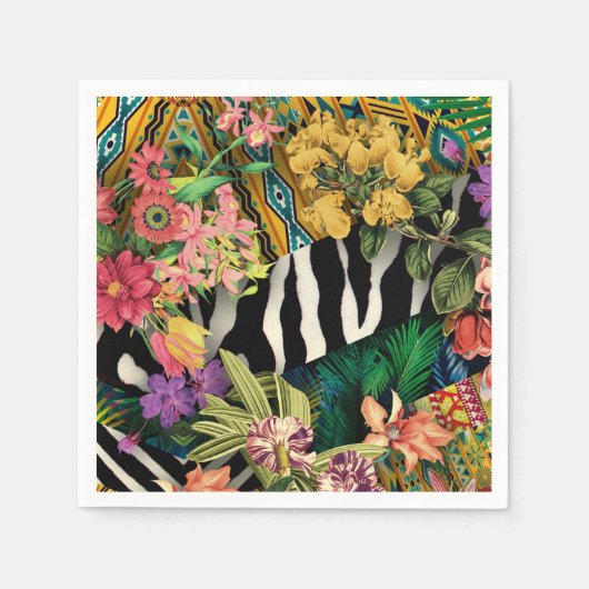 ピンクイエローフローラゼブラインディアンプリントパターン スタンダードカクテルナプキン (正面)