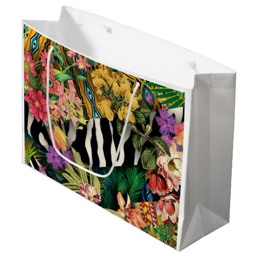ピンクイエローフローラゼブラインディアンプリントパターン ラージペーパーバッグ (正面アングル)