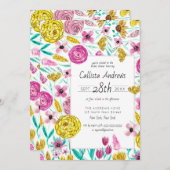 ピンクイエローフローラ水彩ブライダルシャワー 招待状 (正面/裏面)