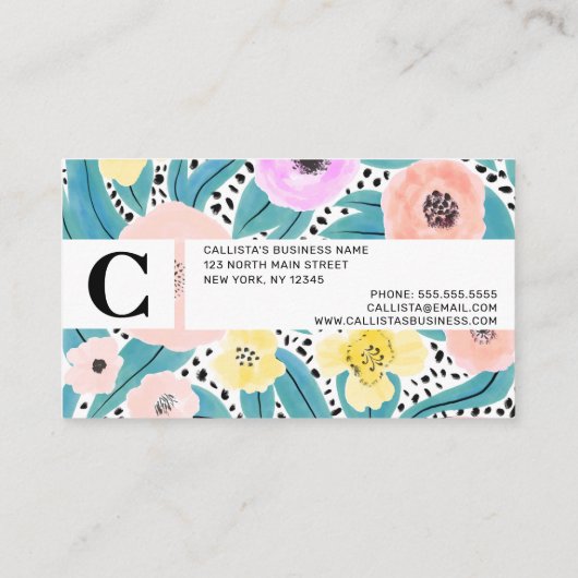 ピンクイエローフローラ水玉模様水彩モノグラム 名刺 (裏面)