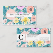 ピンクイエローフローラ水玉模様水彩モノグラム 名刺 (正面/裏面)