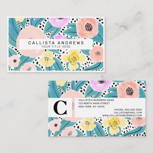 ピンクイエローフローラ水玉模様水彩モノグラム 名刺 (正面/裏面)