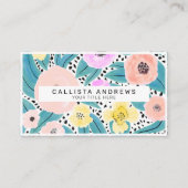 ピンクイエローフローラ水玉模様水彩モノグラム 名刺 (正面)