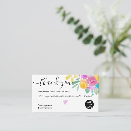 ピンクイエローフローラ水色シックなオーダ感謝していーユー 名刺 (スタンド正面)