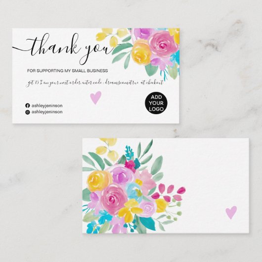 ピンクイエローフローラ水色シックなオーダ感謝していーユー 名刺 (正面/裏面)