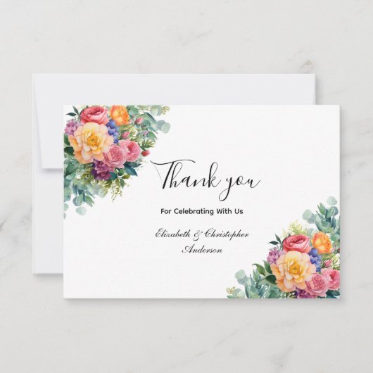 ピンクイエローフローラ花ユーカリ結婚ス サンキューカード (正面)