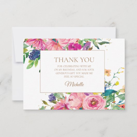 ピンクイエローフローラ誕生日水平ありがとう サンキューカード (正面)