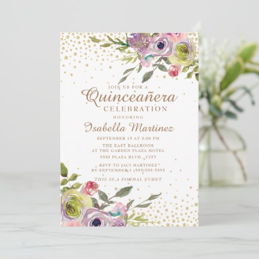 ピンクイエローフローラ金ゴールドグリッターキンセアニラ 招待状 (スタンド正面)