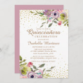 ピンクイエローフローラ金ゴールドグリッターキンセアニラ 招待状 (正面/裏面)