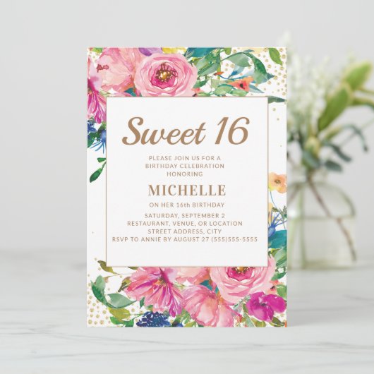 ピンクイエローフローラ金ゴールドグリッタースイーツ16 招待状 (スタンド正面)