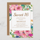 ピンクイエローフローラ金ゴールドグリッタースイーツ16 招待状 (正面/裏面)