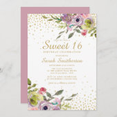 ピンクイエローフローラ金ゴールドグリッタースウィート16誕生日 招待状 (正面/裏面)