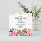 ピンクイエローフローラ金ゴールドグリッターベビーシャワー 招待状 (スタンド正面)