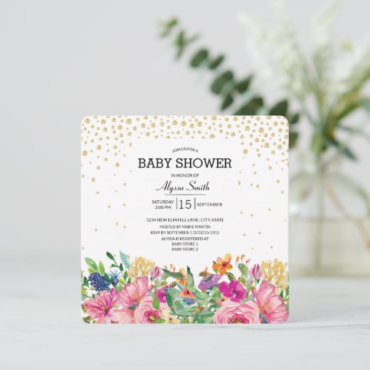 ピンクイエローフローラ金ゴールドグリッターベビーシャワー 招待状 (スタンド正面)