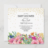 ピンクイエローフローラ金ゴールドグリッターベビーシャワー 招待状 (正面)