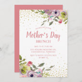 ピンクイエローフローラ金ゴールドグリッターマザーズデイブランチ 招待状 (正面/裏面)