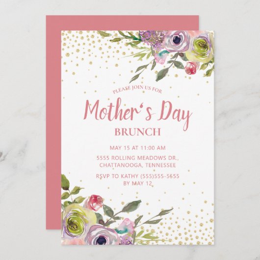 ピンクイエローフローラ金ゴールドグリッターマザーズデイブランチ 招待状 (正面/裏面)