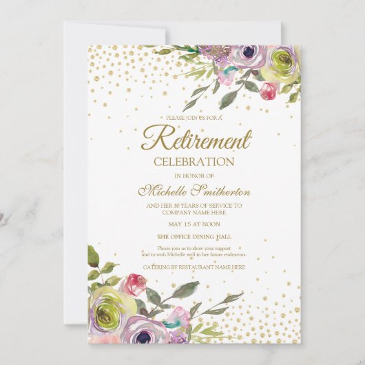ピンクイエローフローラ金ゴールドグリッター退職パーティー 招待状 (正面)