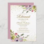 ピンクイエローフローラ金ゴールドグリッター退職パーティー 招待状 (正面/裏面)