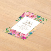 ピンクイエローフローラ金ゴールドグリッター100誕生日 アクリル招待状 (レイダウン)