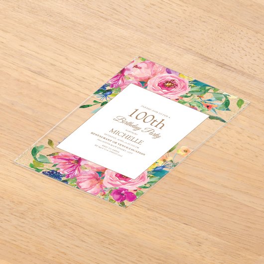 ピンクイエローフローラ金ゴールドグリッター100誕生日 アクリル招待状 (レイダウン)