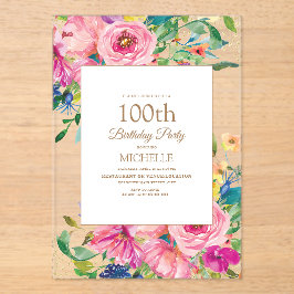 ピンクイエローフローラ金ゴールドグリッター100誕生日 アクリル招待状