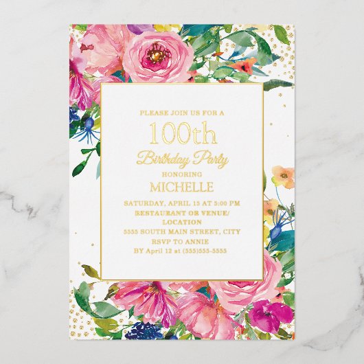 ピンクイエローフローラ金ゴールドグリッター100誕生日 箔招待状 (正面)