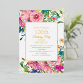 ピンクイエローフローラ金ゴールドグリッター100誕生日 箔招待状 (立ち正面)