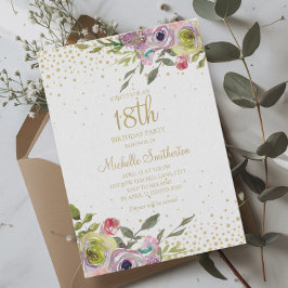 ピンクイエローフローラ金ゴールドグリッター18誕生日 招待状