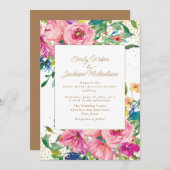 ピンクイエローフローラ金ゴールド結婚グリッター 招待状 (正面/裏面)