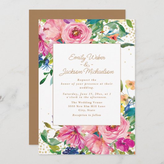 ピンクイエローフローラ金ゴールド結婚グリッター 招待状 (正面/裏面)