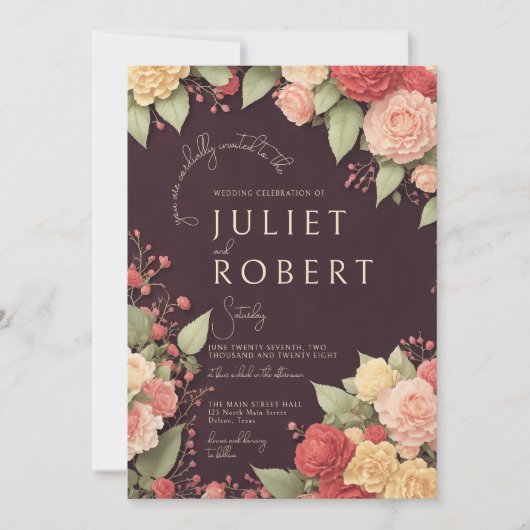 ピンクイエローブルゴーニュ冬結婚フローラ 招待状 (正面)