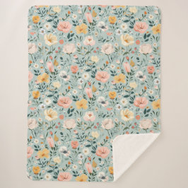 ピンクイエローブルーウォーター色フローラコテージコア シェルパブランケット