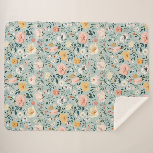 ピンクイエローブルーウォーター色フローラコテージコア シェルパブランケット (正面(横))