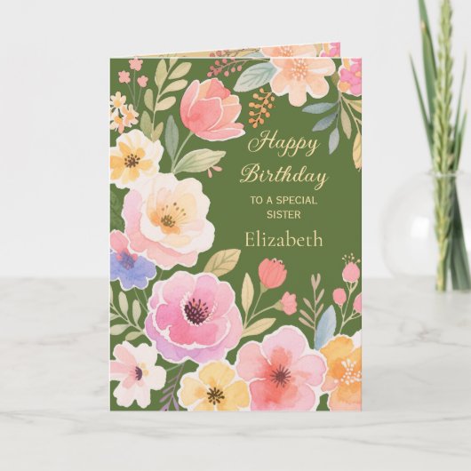 ピンクイエローブルーグリーンフラワーシスター誕生日 カード (正面)