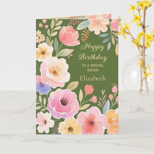 ピンクイエローブルーグリーンフラワーシスター誕生日 カード (黄色い花)