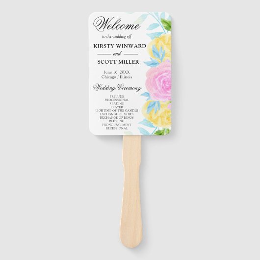 ピンクイエローブルーフラワーズ結婚式 プログラム ハンドファン (正面)