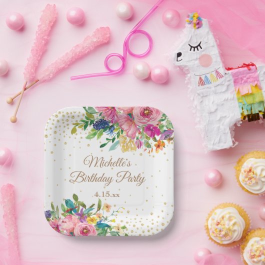 ピンクイエローブルーフラワーズ誕生日 ペーパープレート (パーティー)