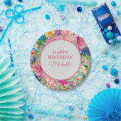 ピンクイエローブルーフローラ素朴ウッド誕生日 ペーパープレート (パーティー)