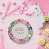 ピンクイエローブルーフローラ素朴ウッド誕生日 ペーパープレート (パーティー)