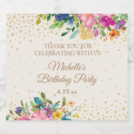 ピンクイエローブルーフローラ誕生日名日付 ビールラベル (シングルラベル)