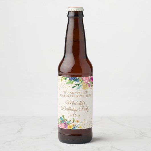 ピンクイエローブルーフローラ誕生日名日付 ビールラベル (正面)