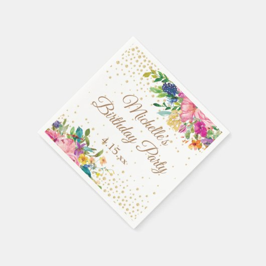 ピンクイエローブルーフローラ誕生日 スタンダードカクテルナプキン (角)