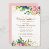 ピンクイエローブルーフローラ金ゴールドグリッターキンセアニラ 招待状 (正面/裏面)