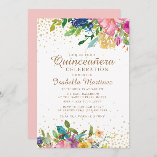 ピンクイエローブルーフローラ金ゴールドグリッターキンセアニラ 招待状 (正面/裏面)