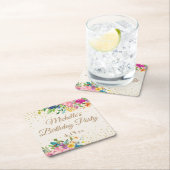 ピンクイエローブルーフローラ金ゴールドグリッター名日付 スクエアペーパーコースター (インサイチュ)