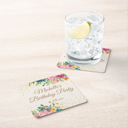 ピンクイエローブルーフローラ金ゴールドグリッター名日付 スクエアペーパーコースター (インサイチュ)